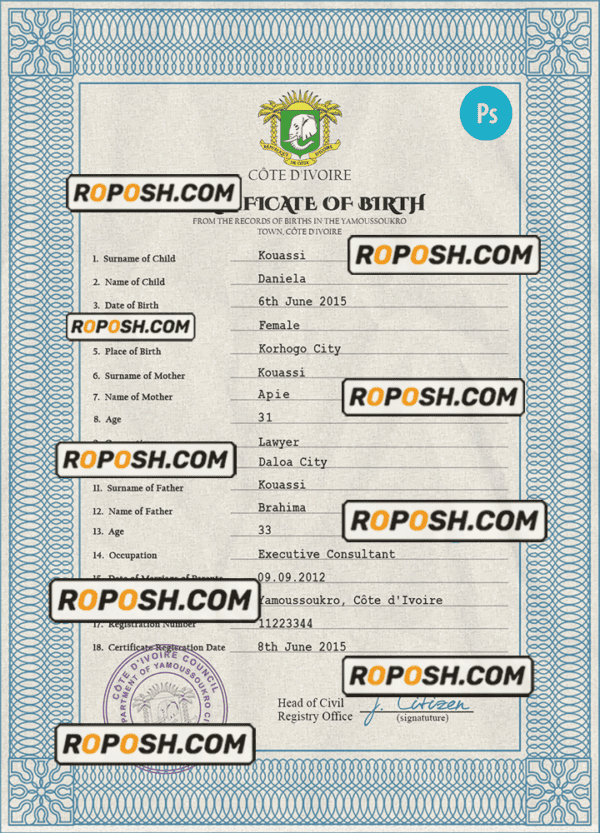 Côte d’Ivoire vital record birth certificate PSD template, fully editable