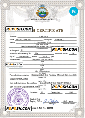 Costa Rica death certificate PSD template, completely editable