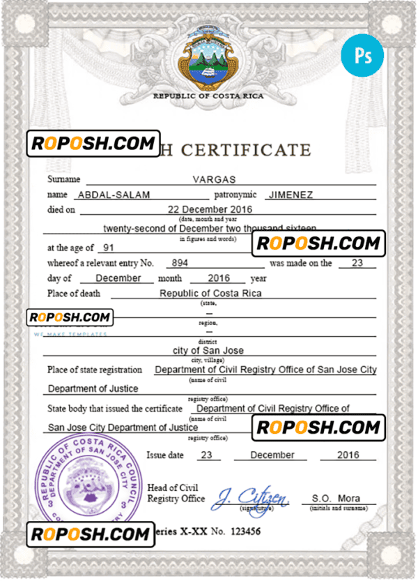 Costa Rica death certificate PSD template, completely editable