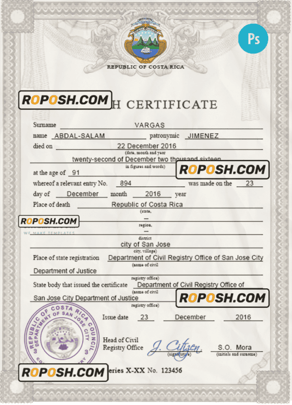 Costa Rica death certificate PSD template, completely editable
