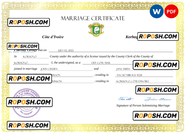 Cote d’Ivoire marriage certificate Word and PDF template, fully editable