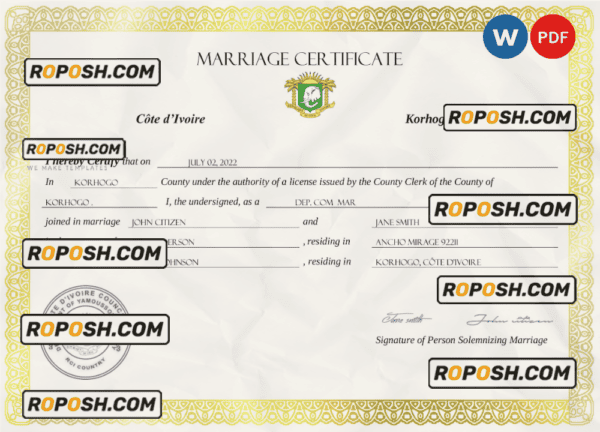 Cote d’Ivoire marriage certificate Word and PDF template, fully editable