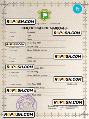 Côte d’Ivoire marriage certificate PSD template, completely editable