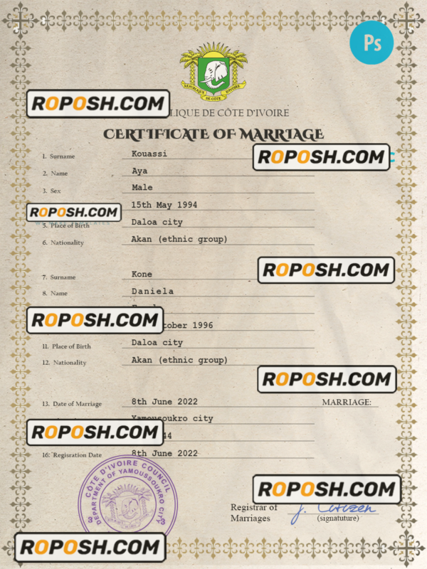 Côte d’Ivoire marriage certificate PSD template, completely editable scan effect