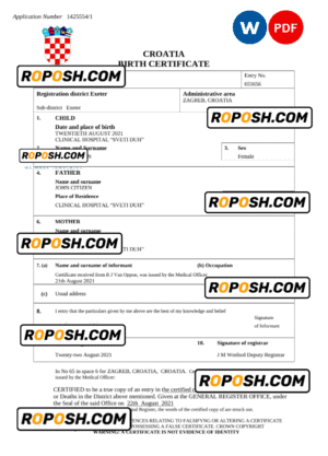 Croatia birth certificate Word and PDF template, completely editable