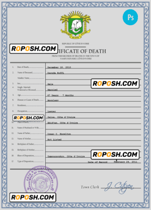 Côte d’Ivoire vital record death certificate PSD template, fully editable