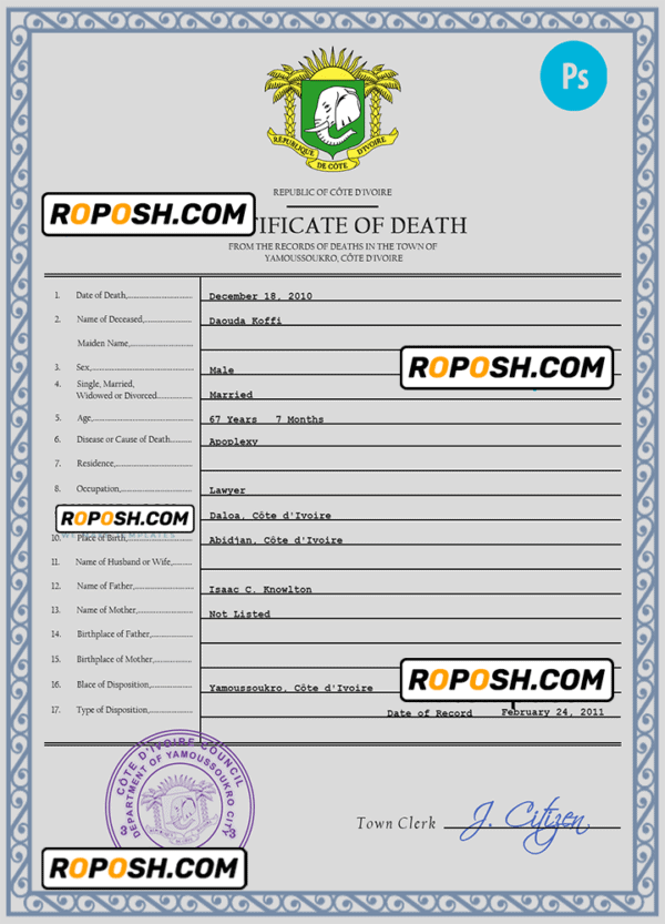 Côte d’Ivoire vital record death certificate PSD template, fully editable