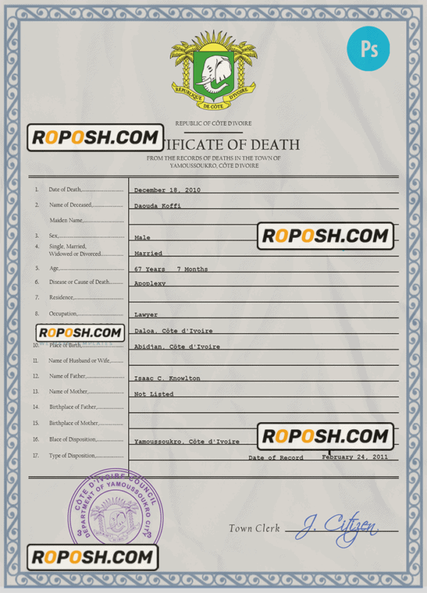 Côte d’Ivoire vital record death certificate PSD template, fully editable