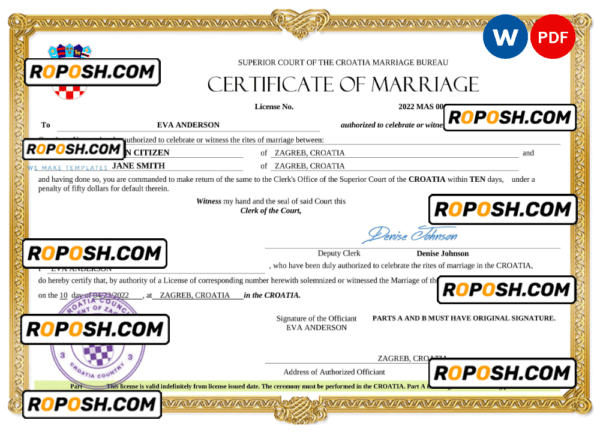 Croatia marriage certificate Word and PDF template, completely editable