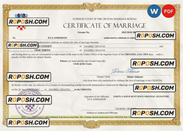 Croatia marriage certificate Word and PDF template, completely editable