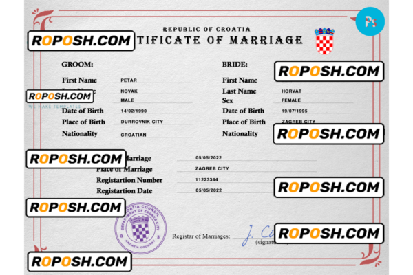 Croatia marriage certificate PSD template, fully editable