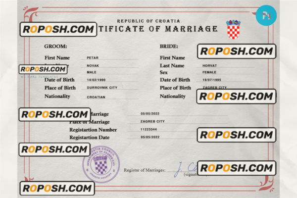 Croatia marriage certificate PSD template, fully editable scan effect