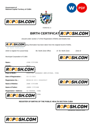 Cuba vital record birth certificate Word and PDF template, completely editable