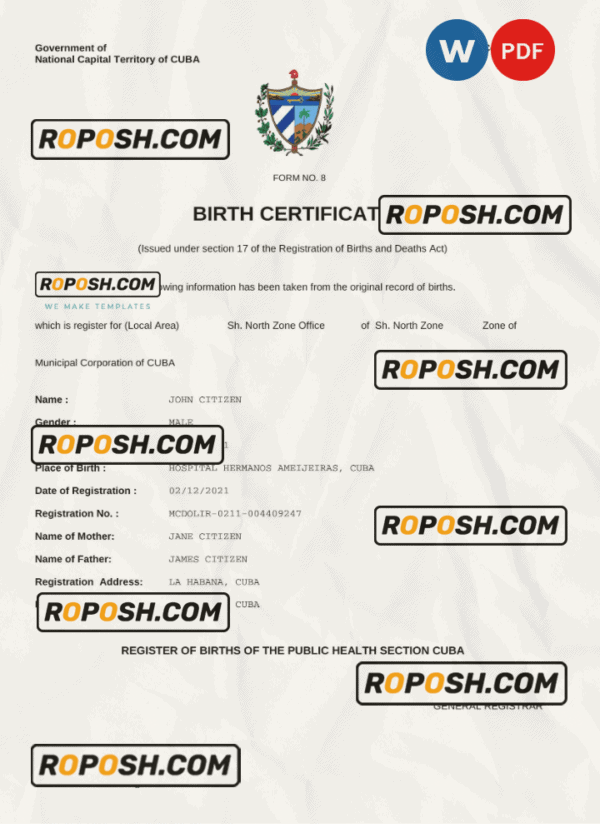 Cuba vital record birth certificate Word and PDF template, completely editable