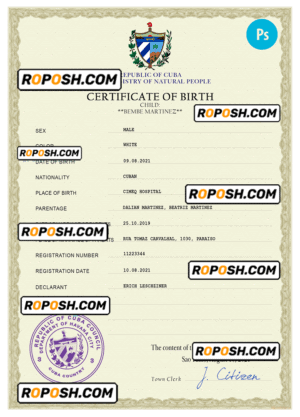 Cuba vital record birth certificate PSD template, completely editable
