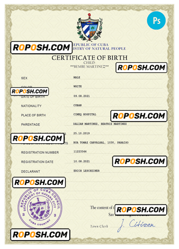 Cuba vital record birth certificate PSD template, completely editable