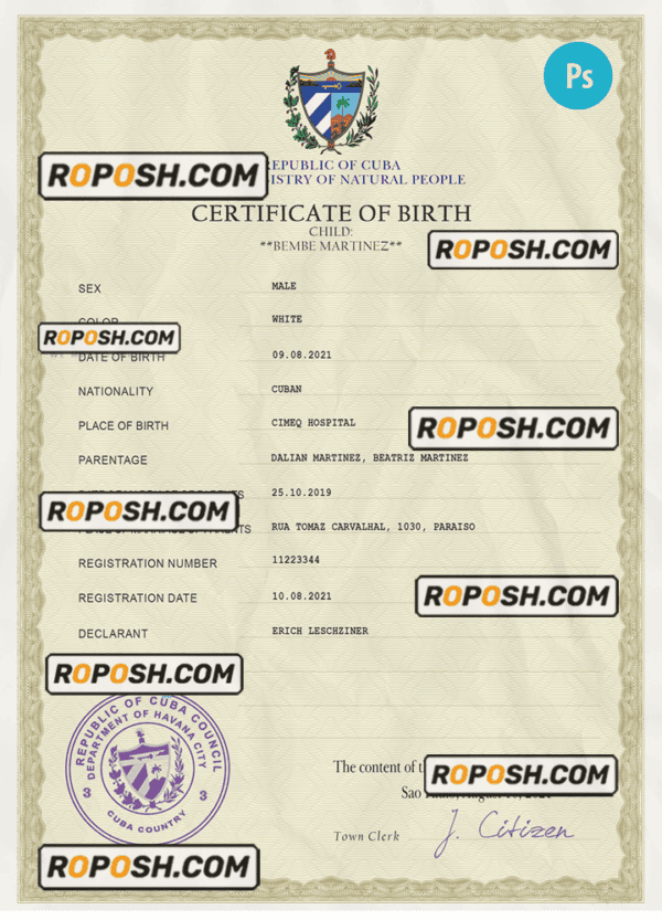 Cuba vital record birth certificate PSD template, completely editable