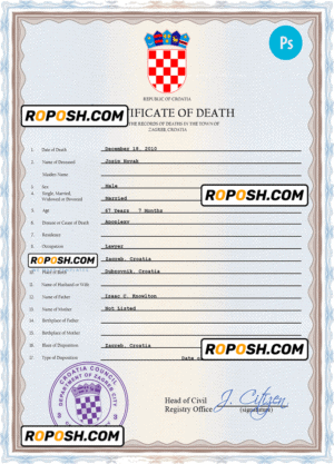 Croatia death certificate PSD template, completely editable