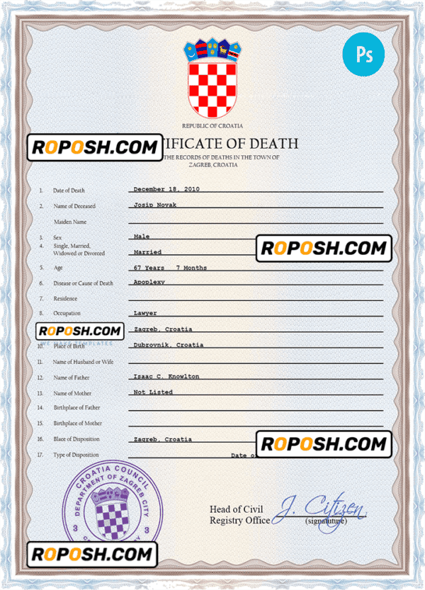 Croatia death certificate PSD template, completely editable