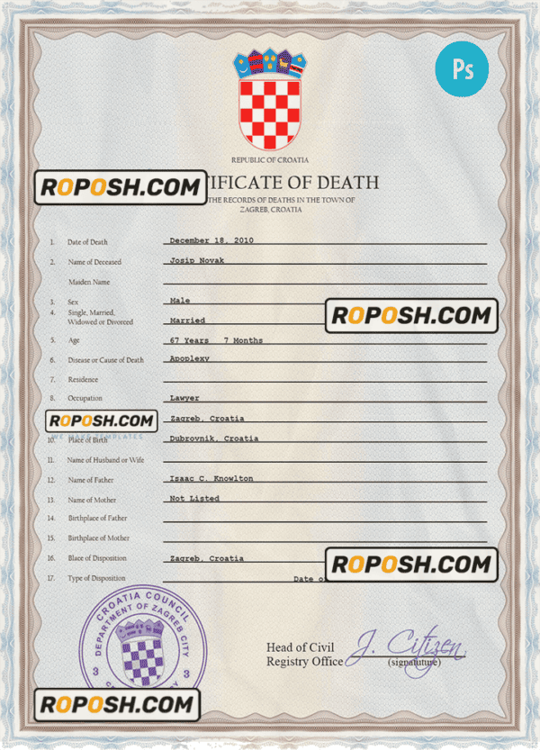 Croatia death certificate PSD template, completely editable