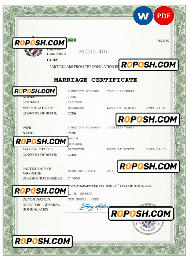 Cuba marriage certificate Word and PDF template, fully editable