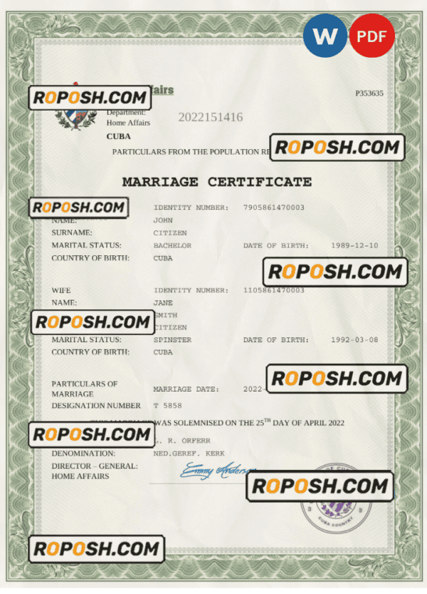 Cuba marriage certificate Word and PDF template, fully editable