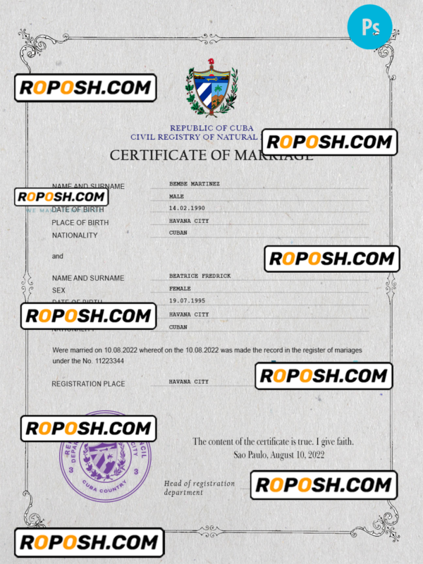 Cuba marriage certificate PSD template, completely editable