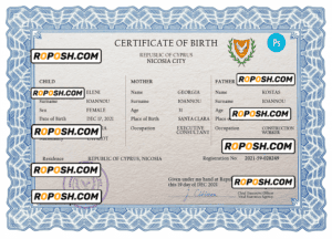 Cyprus vital record birth certificate PSD template