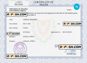 Cyprus vital record death certificate PSD template