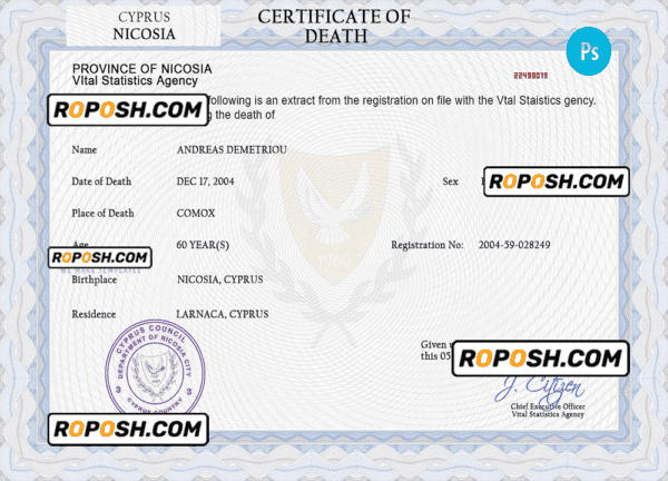 Cyprus vital record death certificate PSD template