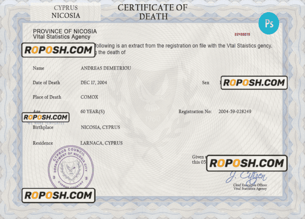 Cyprus vital record death certificate PSD template