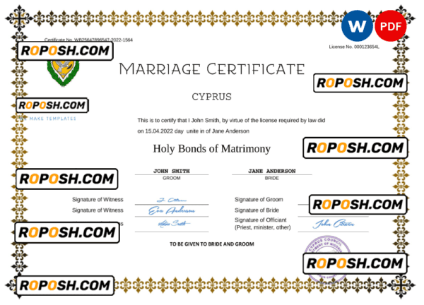 Cyprus marriage certificate Word and PDF template, completely editable
