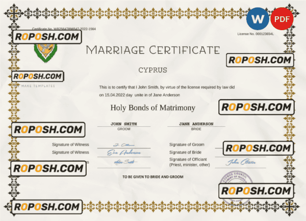 Cyprus marriage certificate Word and PDF template, completely editable