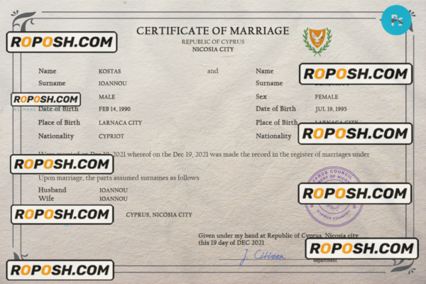 Cyprus marriage certificate PSD template, fully editable