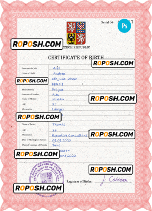 Czechia vital record birth certificate PSD template, completely editable