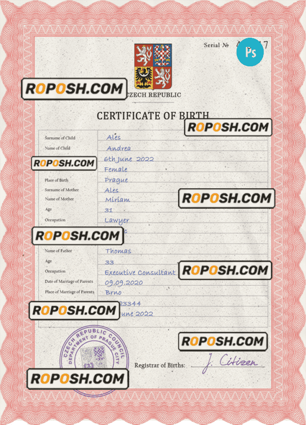 Czechia vital record birth certificate PSD template, completely editable