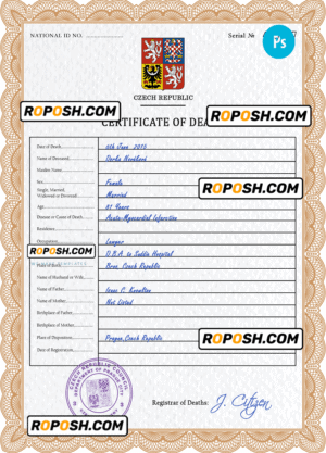 Czechia death certificate PSD template, completely editable