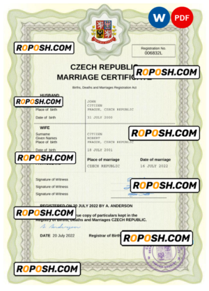 Czech Republic marriage certificate Word and PDF template, fully editable