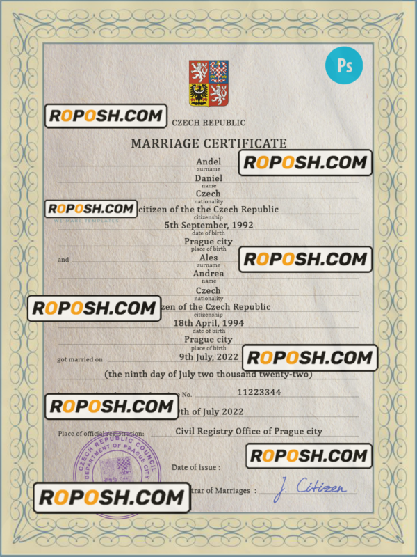 Czechia marriage certificate PSD template, fully editable scan effect