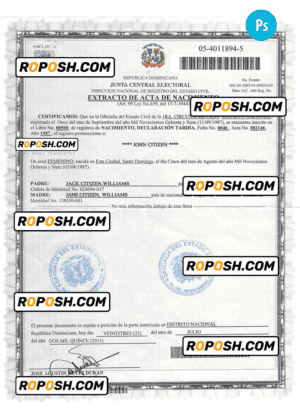 DOMINICAN REPUBLIC vital record birth certificate PSD template