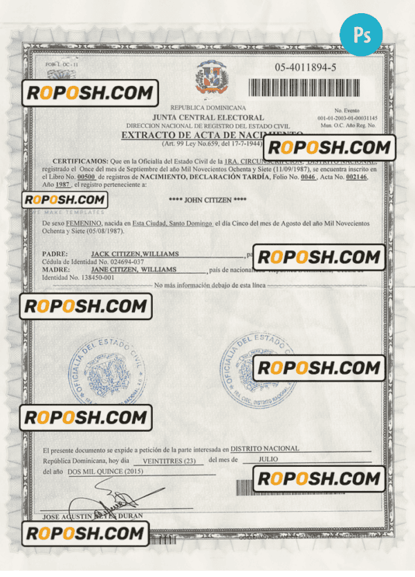 DOMINICAN REPUBLIC vital record birth certificate PSD template