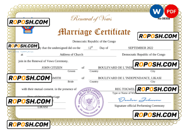 Democratic Republic of the Congo marriage certificate Word and PDF template, fully editable