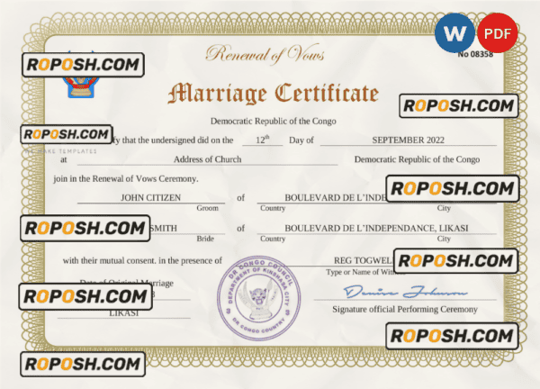 Democratic Republic of the Congo marriage certificate Word and PDF template, fully editable