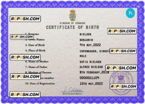 Denmark birth certificate PSD template, completely editable