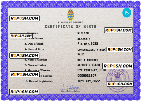 Denmark birth certificate PSD template, completely editable