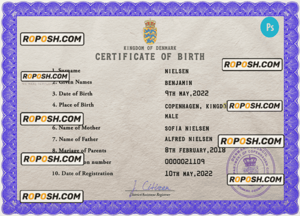 Denmark birth certificate PSD template, completely editable