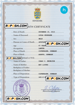 Denmark vital record death certificate PSD template, fully editable