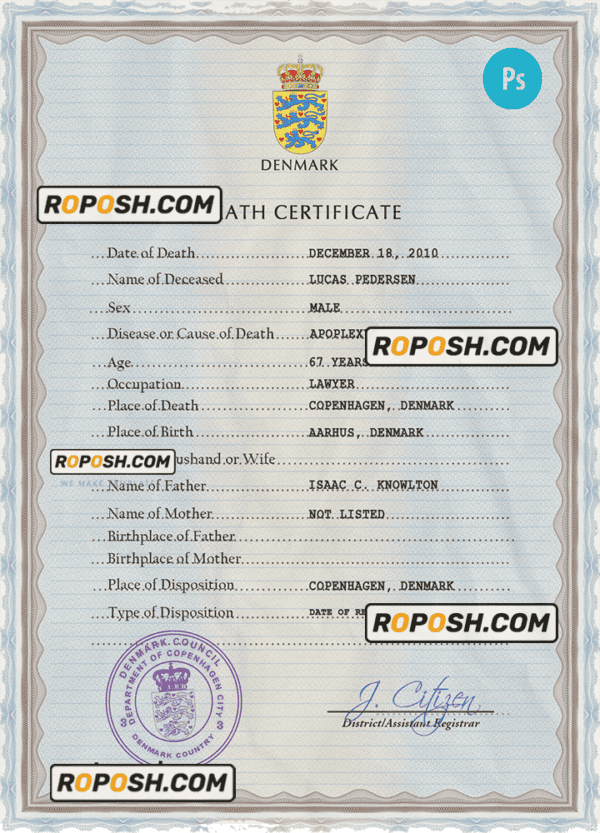 Denmark vital record death certificate PSD template, fully editable