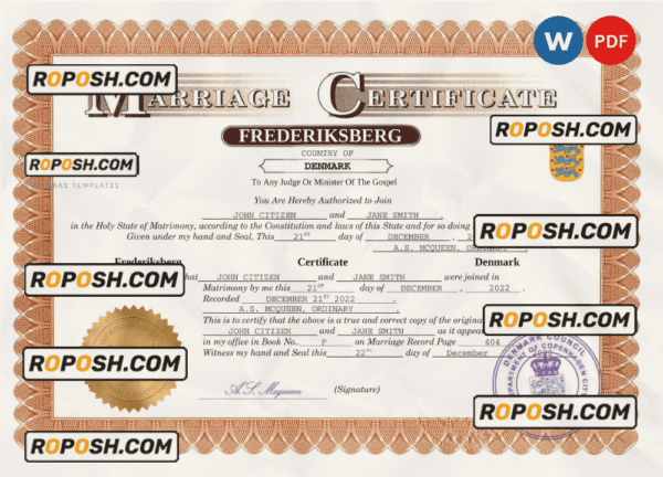 Denmark marriage certificate Word and PDF template, completely editable