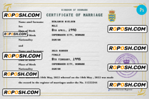 Denmark marriage certificate PSD template, completely editable
